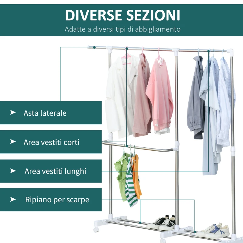 HOMCOM Stender Estensibile Appendiabiti Stendibiancheria 3 Livelli con Portascarpe e Ruote, Acciaio e PP, Bianco, 93-172x42x95-162.5cm