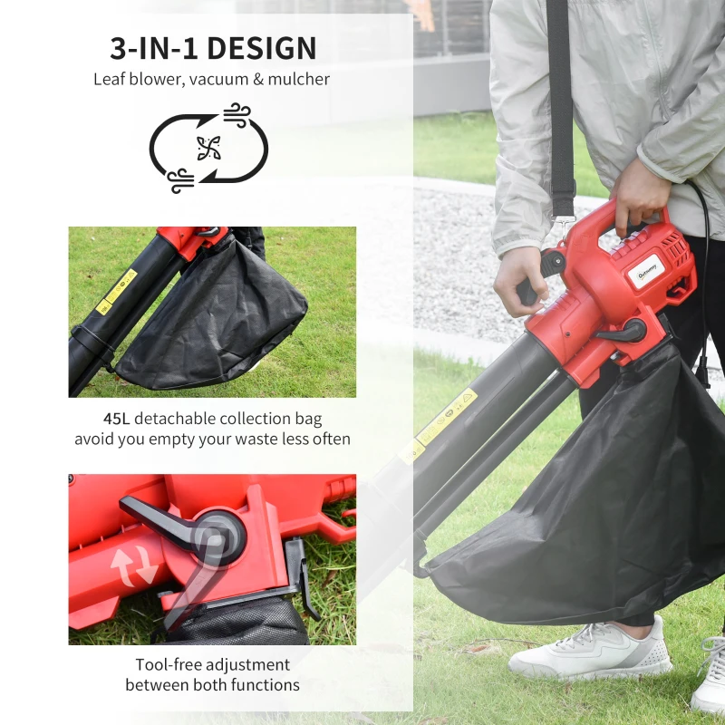 Outsunny Soffiatore Aspiratore Elettrico 3 in 1 con Trituratore, Sacco di Raccolta 45L, Tracolla e Ruote, 3000W, 270km/h, 118x17x34cm, Rosso
