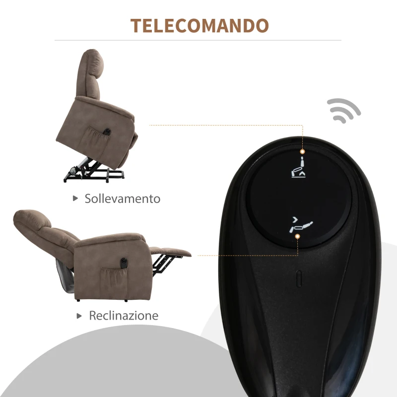 HOMCOM Poltrona Relax Elettrica, Poltrona Alzapersona con Telecomando, Poltrona Reclinabile 150° in Tessuto Marrone, 75x93x110cm