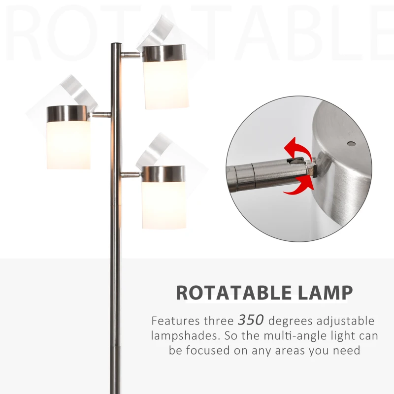HOMCOM Lampada da Terra Moderna con 3 Paralumi Regolabili in Vetro, Piantana da Terra Design in Metallo, 38-52x25x165cm, Argento
