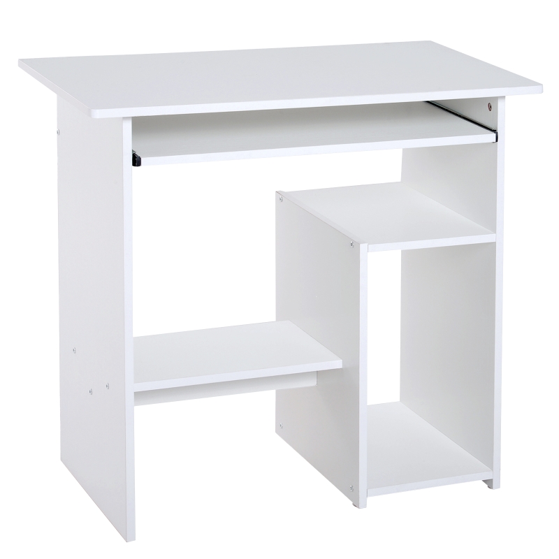 HOMCOM Scrivania Compatta con Ripiani e Mensola Tastiera Estraibile in Legno, 80x45x75cm, Bianco