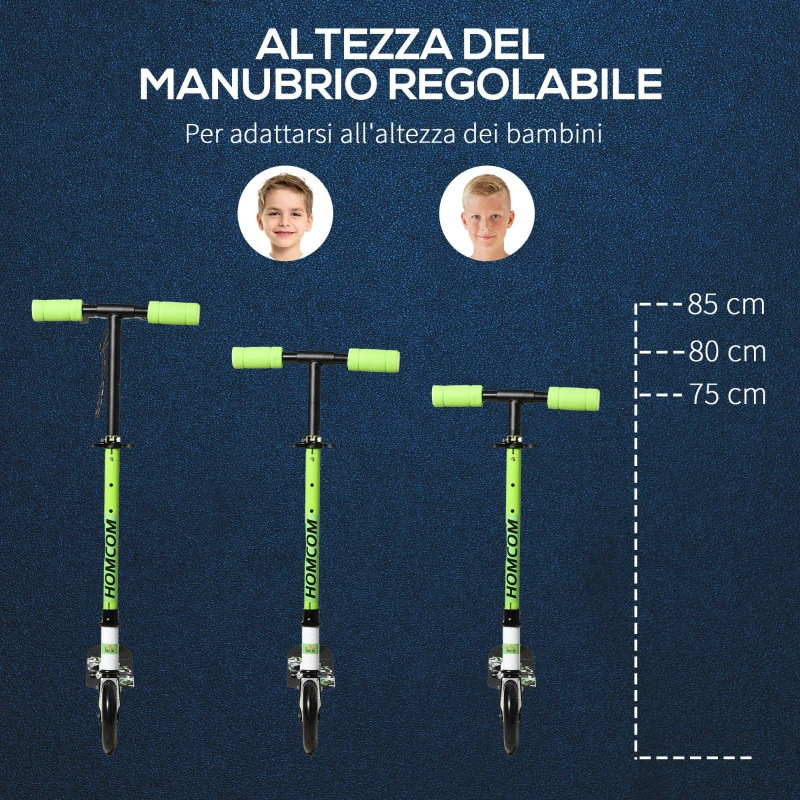HOMCOM Monopattino Pieghevole per Bambini con Manubrio Regolabile 75-85cm, Alluminio - Verde