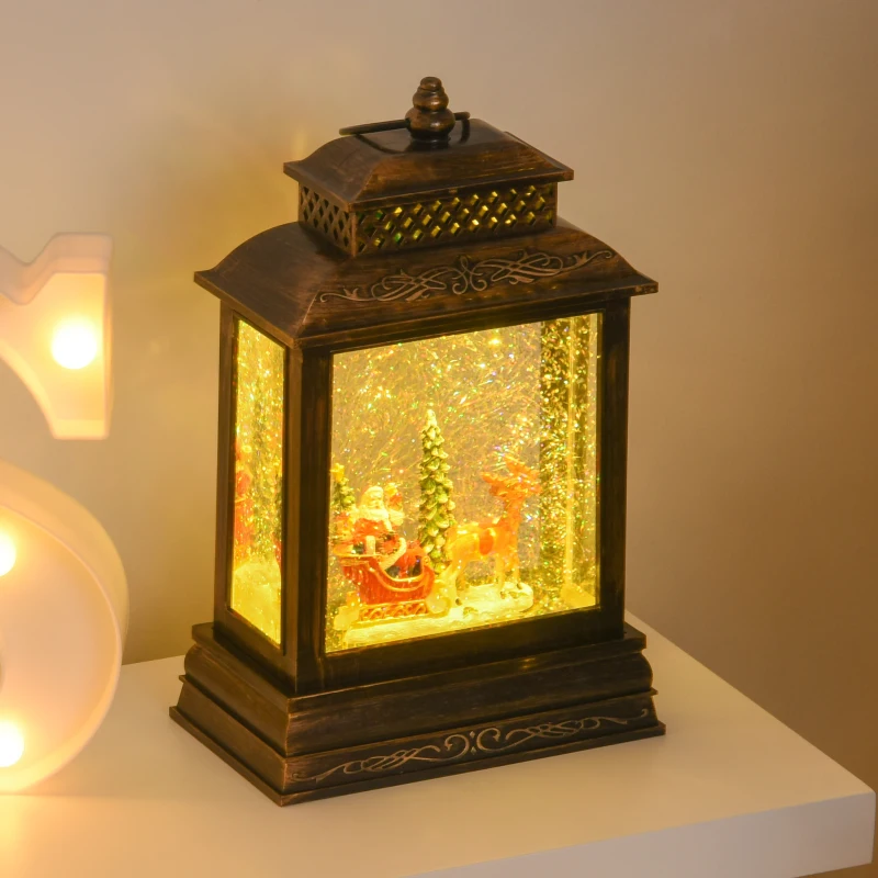HOMCOM Decorazione Natalizia Lanterna con Babbo Natale in Slitta, Luci e Musica, Alimentazione USB, Bronzo