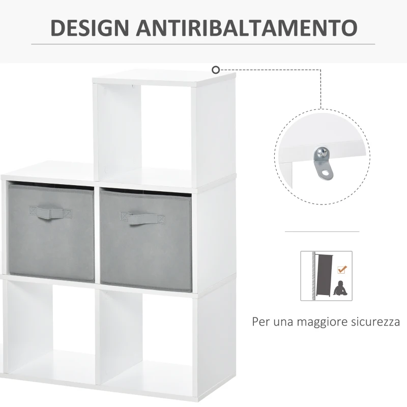 HOMCOM Mobile Libreria a 6 Cubi con 2 Cassetti in Tessuto, Arredamento Moderno da Ufficio, Salotto, Camera da Letto, Bianco e Grigio