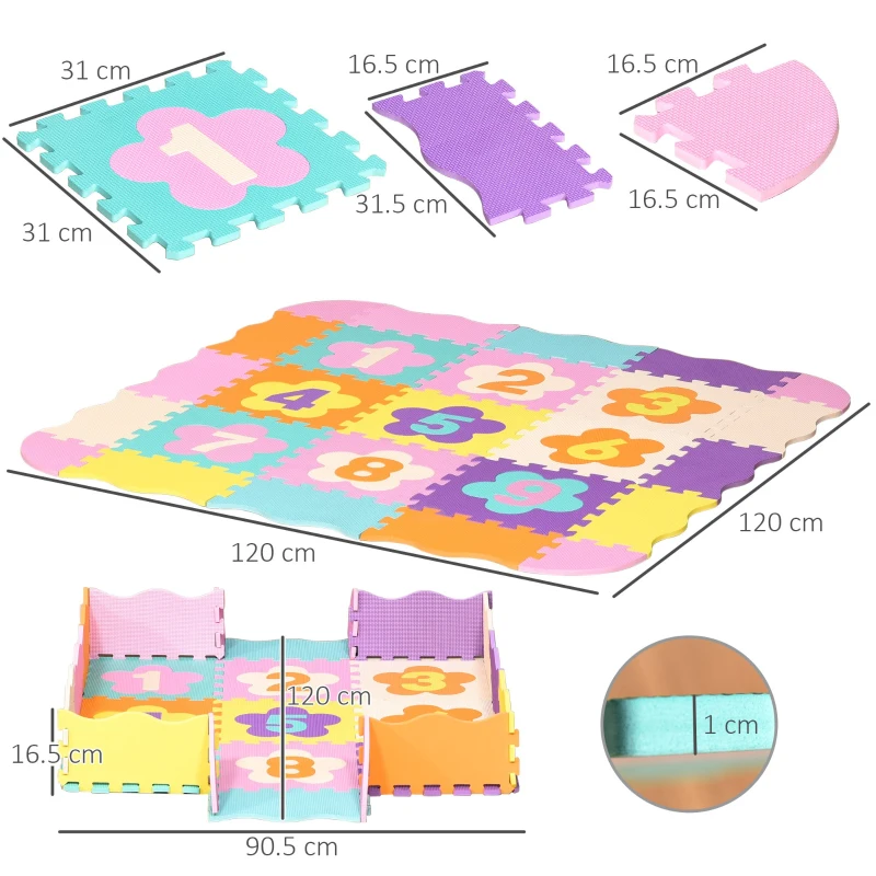 HOMCOM Tappeto Puzzle per Bambini da 25 Pezzi Area Coperta 0.9㎡, Assemblaggio Piatto e 3D a Recinto, Multicolore