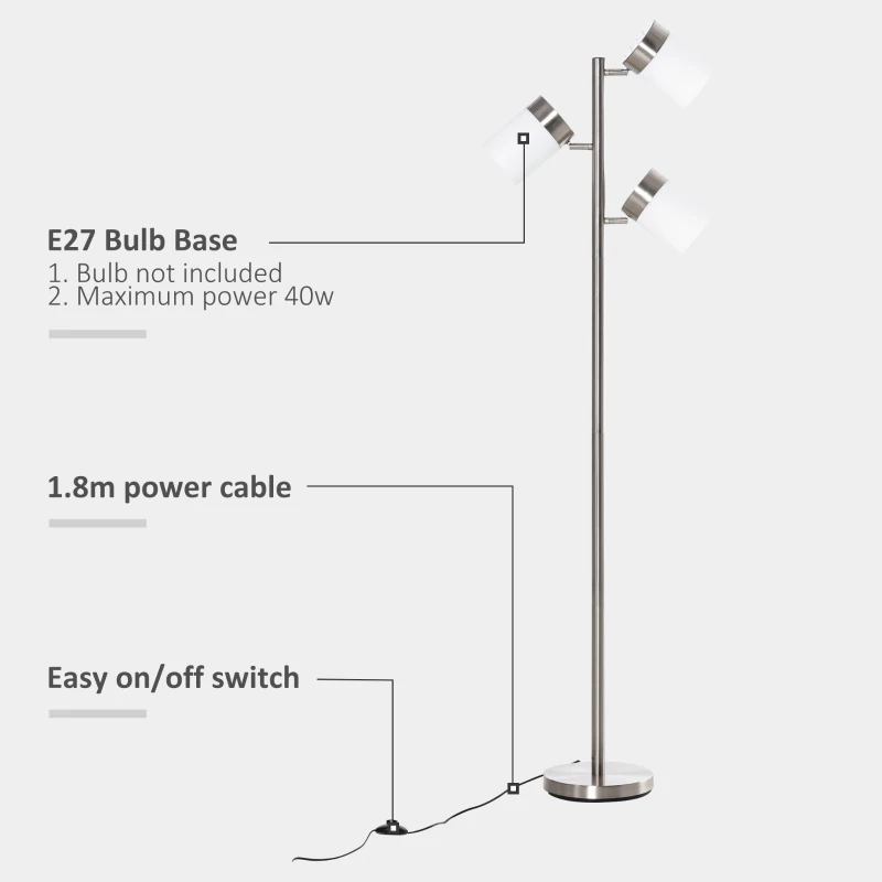 HOMCOM Lampada da Terra Moderna con 3 Paralumi Regolabili in Vetro, Piantana da Terra Design in Metallo, 38-52x25x165cm, Argento