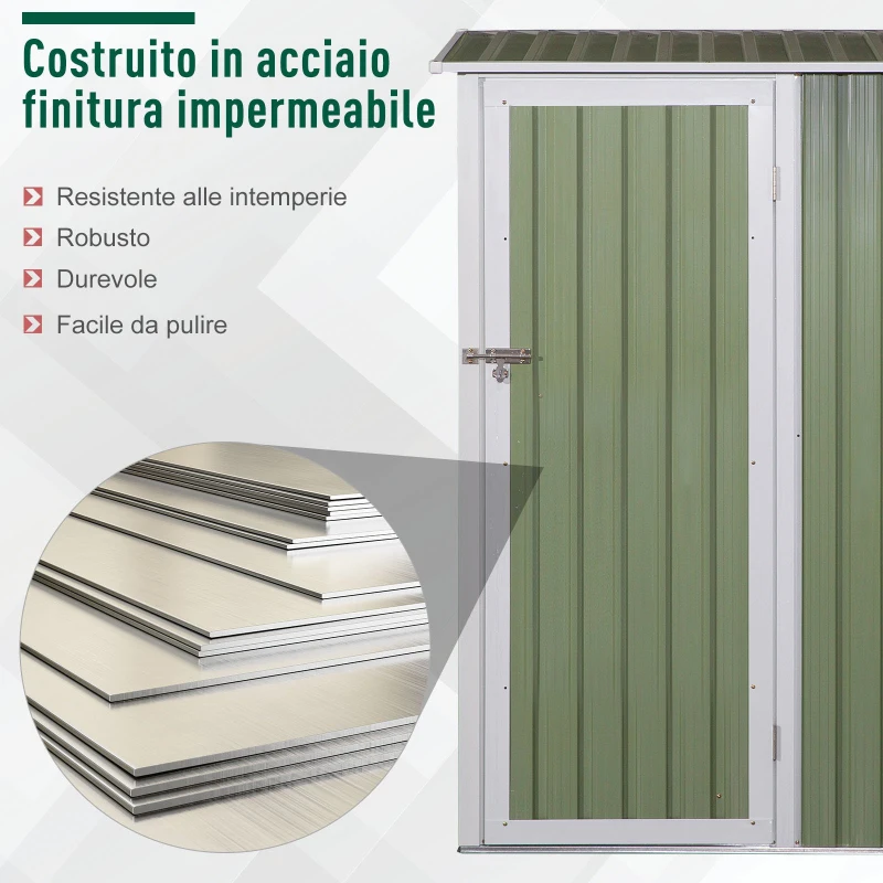 Outsunny Casetta da Giardino Porta Utensili in Lamiera di Acciaio, Capanno da Giardino in Acciaio con Porte Scorrevoli, 143x89x186cm, Verde Chiaro