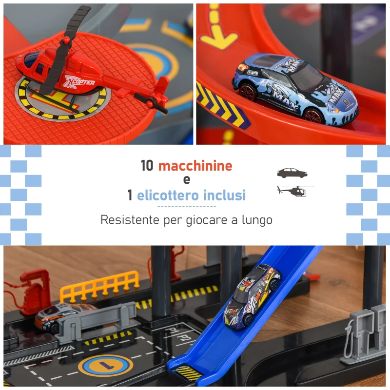 HOMCOM Garage Giocattolo a 7 Livelli con Rampe, Ascensore ed Eliporto, Elicottero e Macchinine Incluse, 92x46x71cm, Multicolore