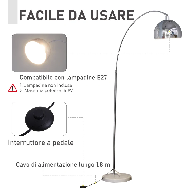 Homcom Lampada da Terra ad Arco con Paralume Regolabile in Acciaio con Base Rotonda in Marmo