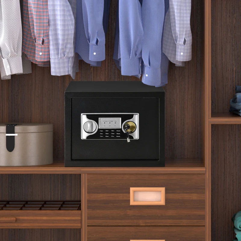 HOMCOM Mini Cassaforte Elettronica con Codice, Chiave di Sicurezza e Allarme, in Acciaio, 38x30x30cm Nero