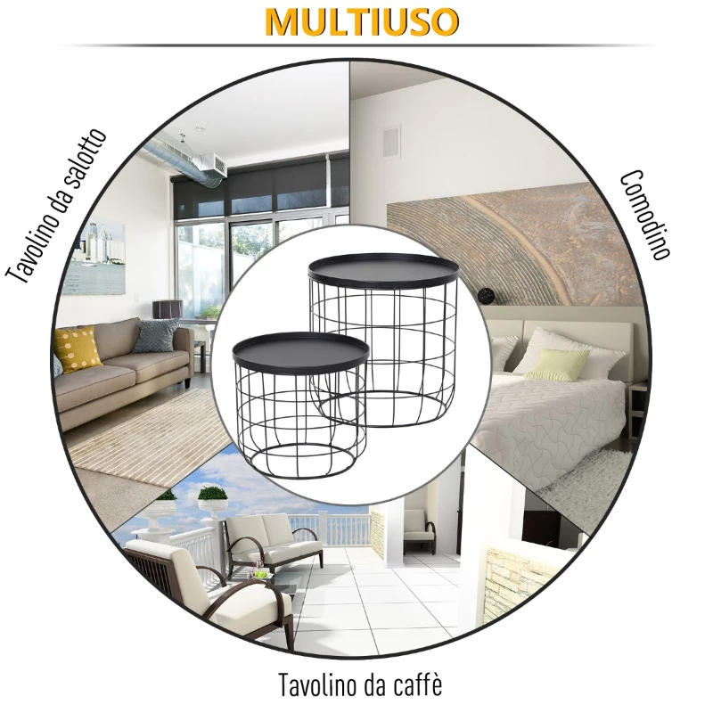Outsunny Set 2 Pezzi Tavolini da Caffè, Tavolino Contenitore per Soggiorno in Metallo Nero, Φ50x50cm & Φ41.5x35.5cm