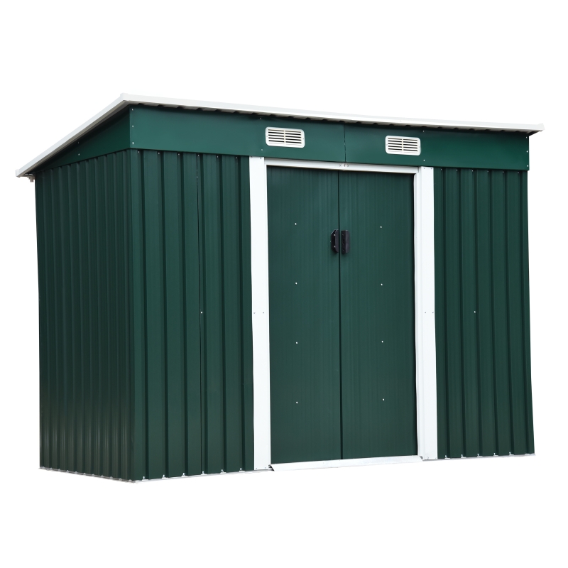 Outsunny Casetta da Giardino Porta Utensili in Lamiera di Acciaio, Capanno da Giardino in Acciaio con Porte Scorrevoli, 255x133x182cm, Verde