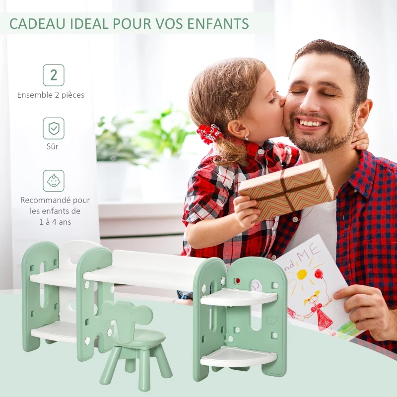 HOMCOM Ensemble bureau, chaise et bibliothèque 4 étagères pour enfant - hauteur étagères réglable - HDPE vert d'eau blanc