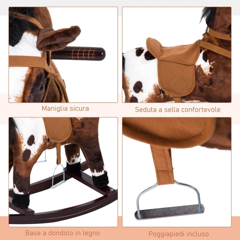 HOMCOM Cavallo a Dondolo Giocattolo Per Bambini con Effetti Sonori Legno 71×28×60cm Marrone Scuro