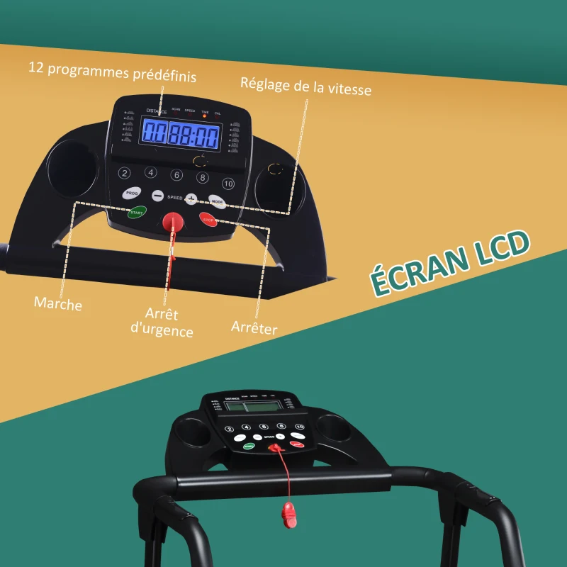 HOMCOM Tapis de course électrique pliant 440 W tapis roulant motorisé vitesse réglable 1-10 Km/H écran LCD multifonctions 12 programmes prédéfinis support iPad porte-gobelets châssis acier noir