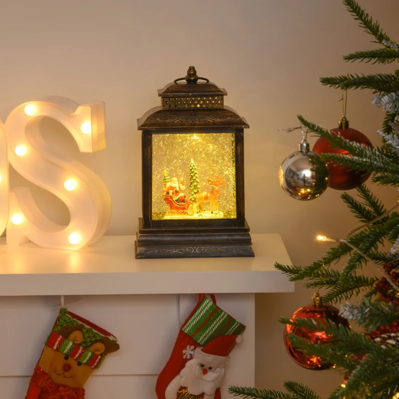 HOMCOM Decorazione Natalizia Lanterna con Babbo Natale in Slitta, Luci e Musica, Alimentazione USB, Bronzo