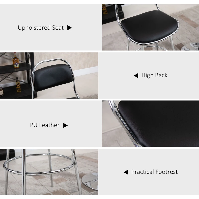 HOMCOM Set 2 Sgabelli da Bar Alti con Schienale e Poggiapiedi, Seduta in PU e Struttura in Metallo, Stile Industriale Moderno, 42.5x48.5x104 cm, Nero