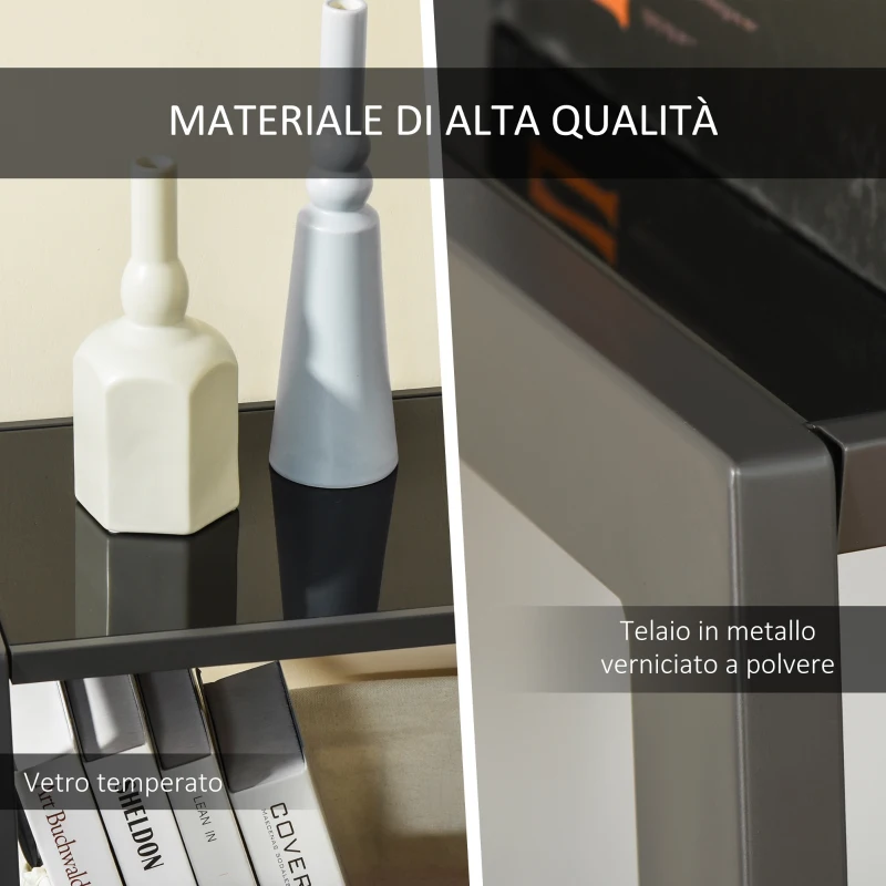 HOMCOM Scrivania per Camera e Ufficio con Scaffale 3 Ripiani, Scrivania Moderna in Vetro e Metallo, 126x45x86.7cm, Nero