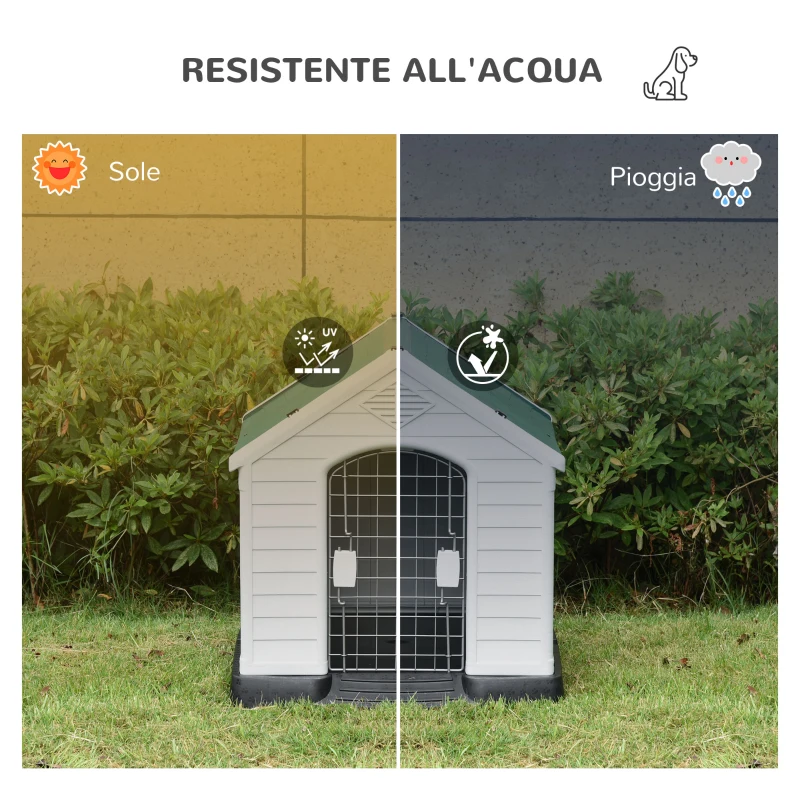 PawHut Cuccia per Cani Piccoli da Esterno e Interno, Casetta in Plastica con Cancello Rimovibile, 66x73x69cm, Bianco Verde Nero