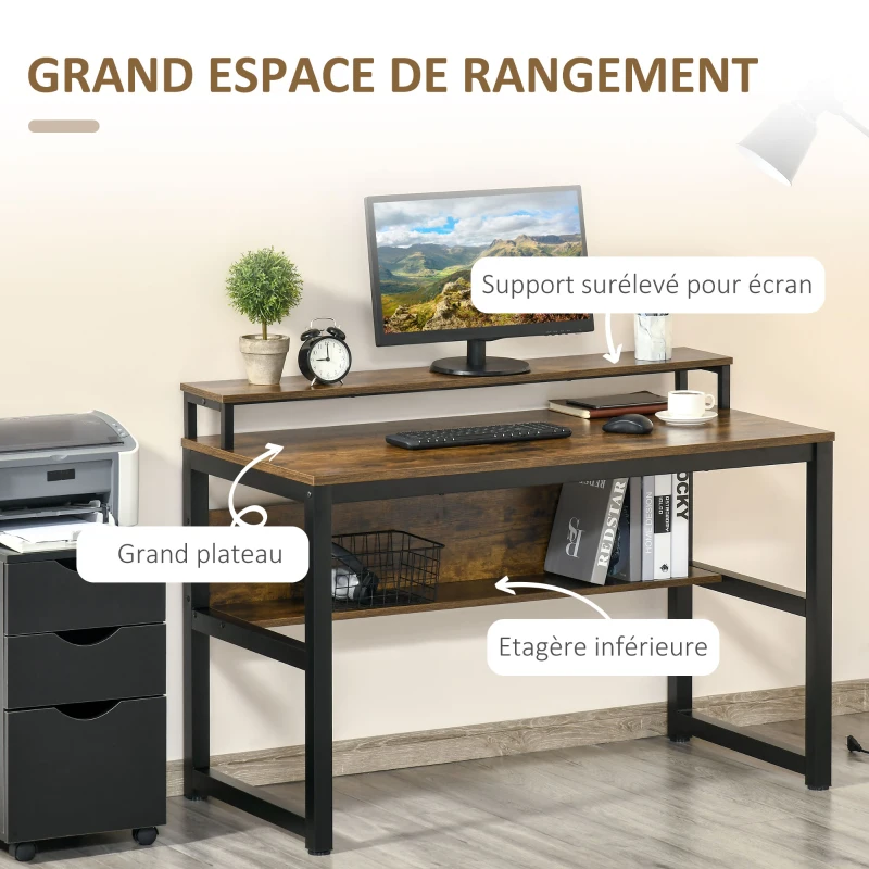 HOMCOM Bureau Design Industriel - 2 étagères - châssis métal Noir Grand Plateau Panneaux Particules Bicolore Noir et boisé