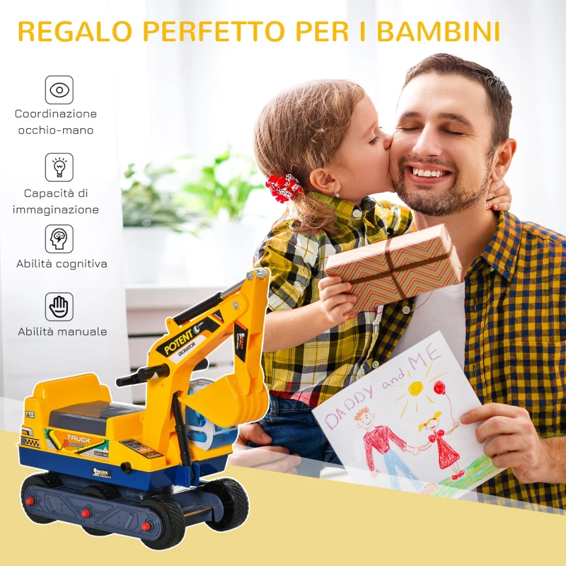 HOMCOM Ruspa Giocattolo con Escavatore Manuale, Seduta Girevole e Casco, Gioco Cavalcabile Bambini 2-3 Anni, 77x26x55cm, Giallo