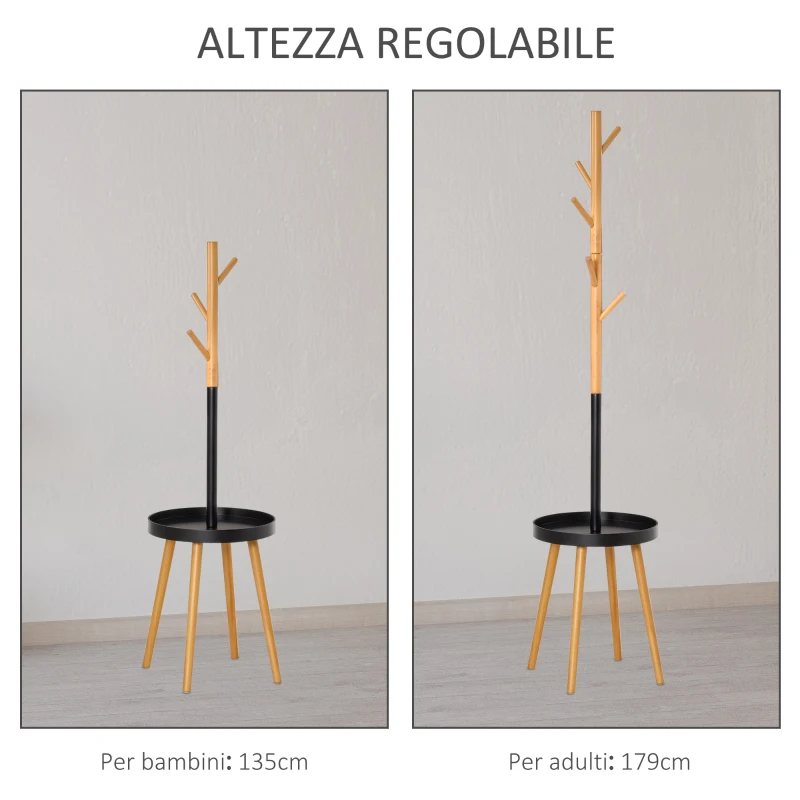 HOMCOM Albero Appendiabiti da Terra con Altezza Regolabile, Attaccapanni 2 in 1 con Tavolino e 5 Ganci, 40x40x179cm, Legno e Nero