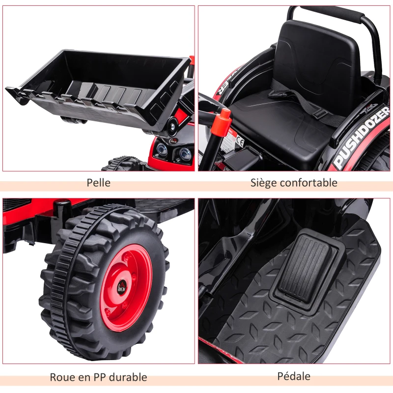 HOMCOM Tracteur électrique Enfant - tractopelle Enfants 6V - V. Max. 2,5 Km/h - Effets Lumineux sonores - Pelle Manuelle - métal PP Noir Rouge