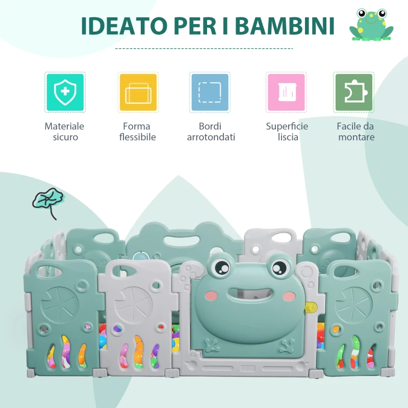 HOMCOM Recinto per Bambini Box Modulare 14 Pezzi, Porta con Blocco e Giochi Integrati, Plastica PP, 154x154x62cm, Verde