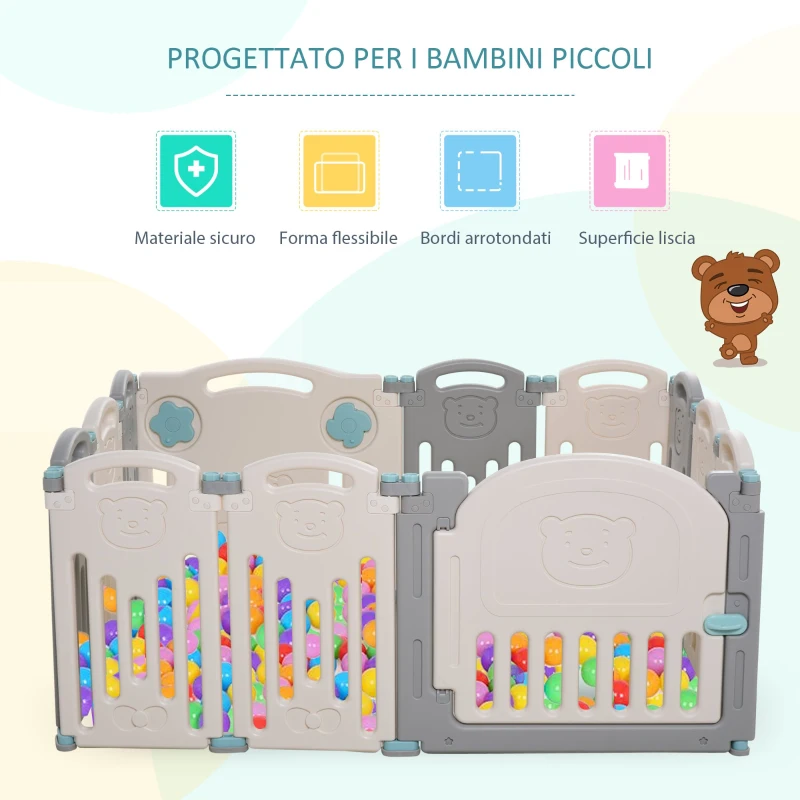 HOMCOM Recinto per Bambini +6 Mesi da 12 Pezzi con Struttura a Incastro, Serratura e Giochi, Grigio Bianco 108x133x58cm