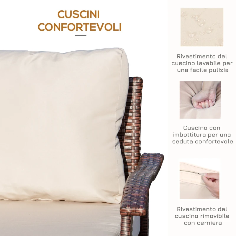 Outsunny Divano da Esterno 2 Posti in Rattan PE, Panchina da Giardino con Cuscini e Braccioli, 120x63x77cm Marrone