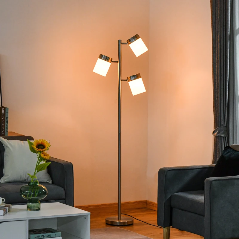 HOMCOM Lampada da Terra Moderna con 3 Paralumi Regolabili in Vetro, Piantana da Terra Design in Metallo, 38-52x25x165cm, Argento