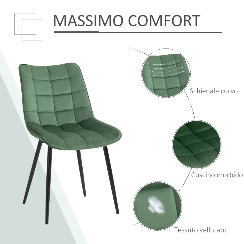 HOMCOM Set 2 Sedie Moderne Imbottite da Salotto e Soggiorno, Stile Nordico Rivestimento in Velluto, Verde, 46x58.5x85.5cm