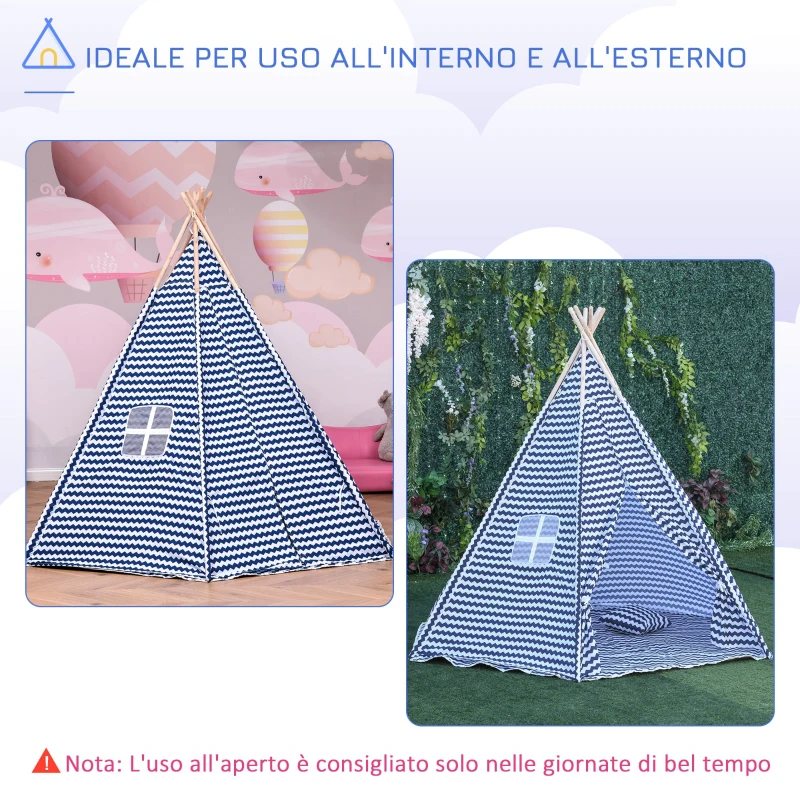 HOMCOM Tenda Indiana per Bambini con Borsa di Trasporto Tappetino e 2 Cuscini, Tenda Teepee Blu e Bianco 200x200x170cm