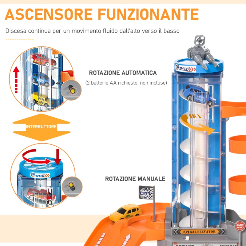 HOMCOM Garage Giocattolo a 3 Livelli con Rampe e Macchinine, Ascensore Manuale o a Batteria, Età 3-6 Anni, 60x22x36cm, Multicolore