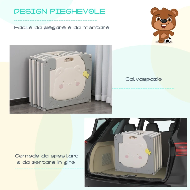 HOMCOM Box Recinto per Bambini +6 Mesi con 14 Pannelli a Incastro con Serratura e Giochi, Grigio e Bianco 160x152x62cm