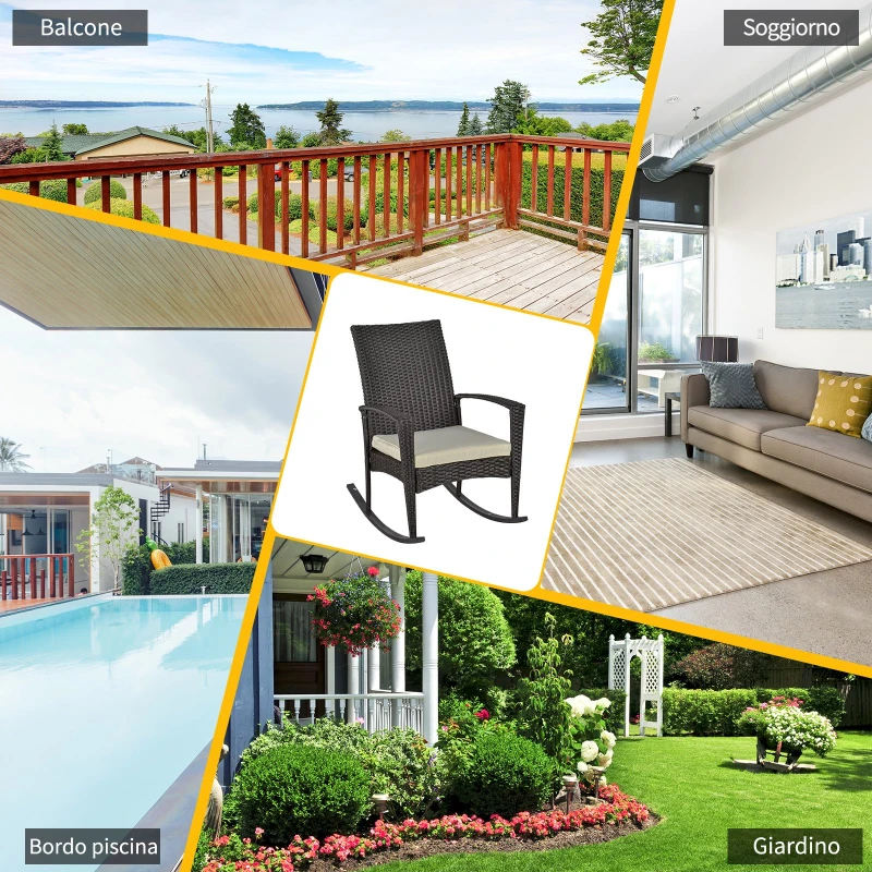 Outsunny Sedia a Dondolo da Giardino in Rattan PE con Cuscino e Braccioli per Arredamento da Esterno 66x88x98cm Marrone