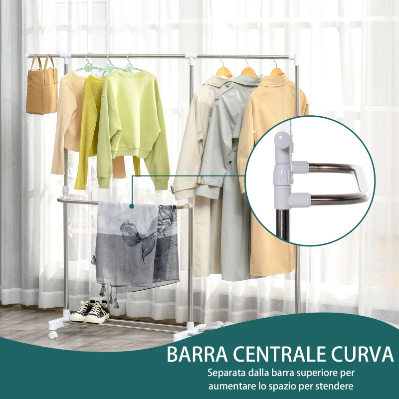 HOMCOM Stender Estensibile Appendiabiti Stendibiancheria 3 Livelli con Portascarpe e Ruote, Acciaio e PP, Bianco, 93-172x42x95-162.5cm