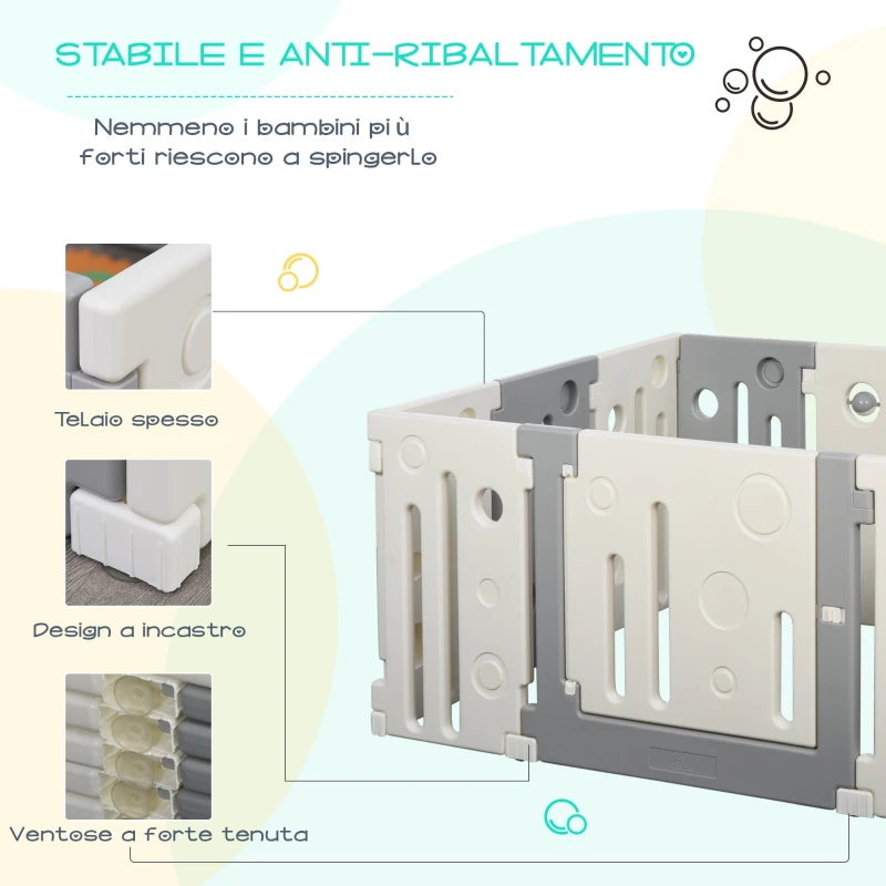 HOMCOM Recinto Box per Bambini +6Mesi da 16 Pezzi con Struttura a Incastro, Serratura e Giochi, Grigio e Bianco 190x150x64cm
