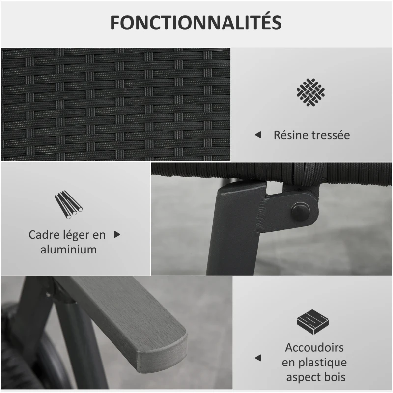 Outsunny Transat bain de soleil pliable style colonial inclinaison réglable multipositions accoudoirs roues résine tressée 4 fils noir