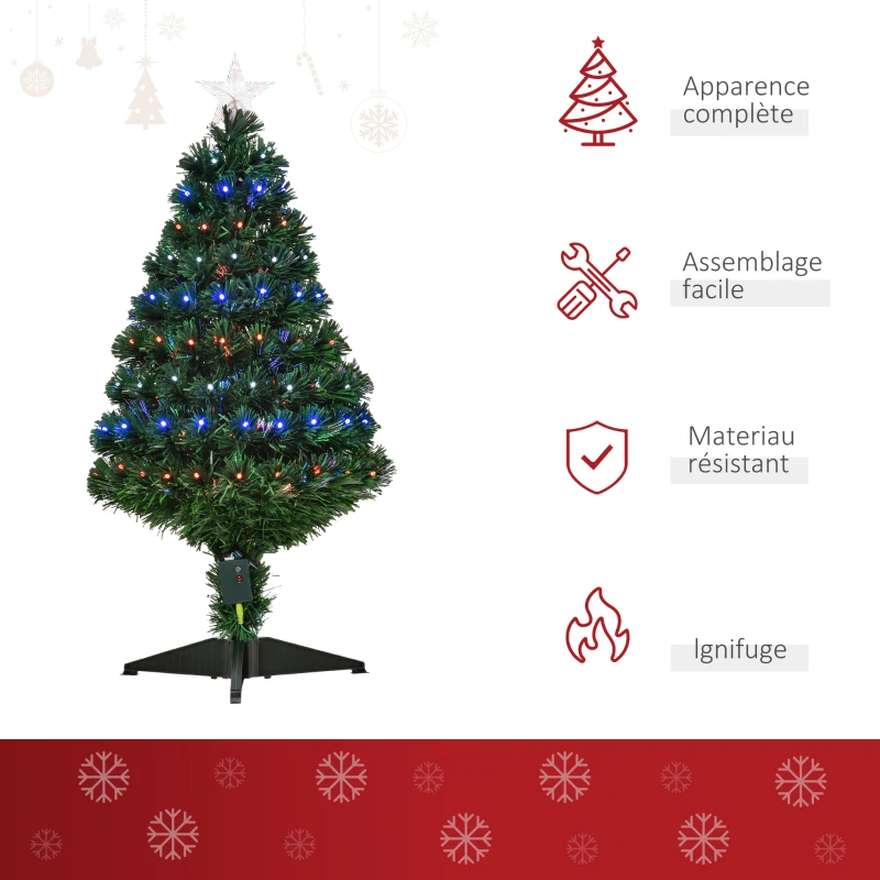 HOMCOM Sapin de Noël Artificiel Lumineux 90 lumières LED Fibres optiques Lumineux Multicolores 90 Branches PVC étoile Sommet Brillante Ø 48 x 90 cm Vert