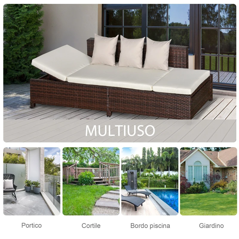 Outsunny Divano da Esterno Convertibile in Rattan Marrone, Salotto Mobile da Giardino con Cuscini Imbottiti, 220x68x62cm