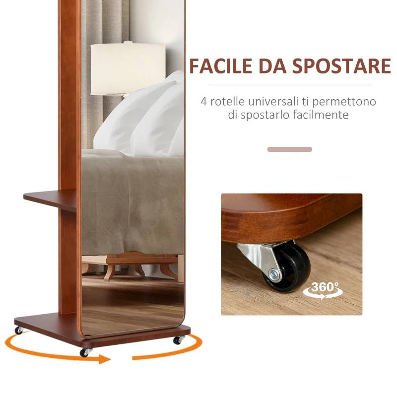 HOMCOM Specchio da Terra con Appendiabiti, Mensole e Ruote, Sistema Antiribaltamento, MDF e Legno, 40x44.5x170cm, Noce