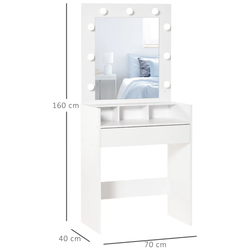 HOMCOM Toletta da Camera con Specchio e 9 Luci LED, Tavolo Trucco con Cassetto e Vani Aperti 70x40x160cm, Bianco