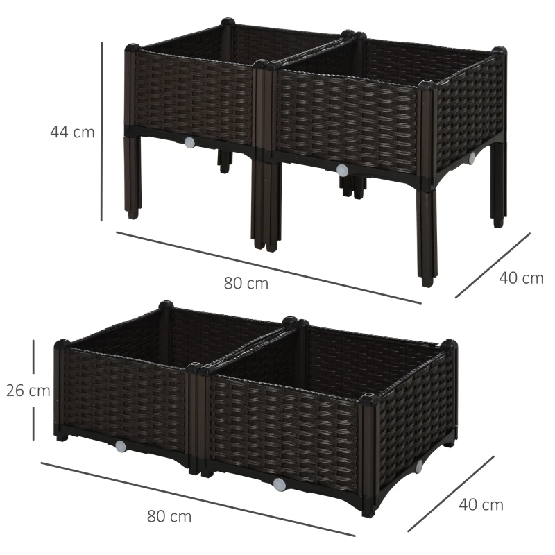 Outsunny verhoogd bed, 4-delige plantenbak met afwateringsgaten, plantenkasst in rotan-look, PP, bruin