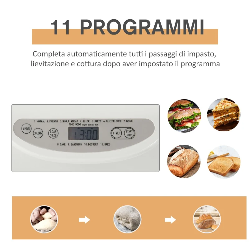 HOMCOM Macchina per il Pane 11 Programmi, Timer 13 Ore e 1 Ora Mantenimento del Calore, Antiaderente, 550W, Biacno, 29.6x23.3x29.2cm