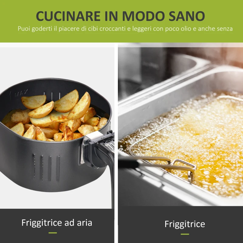 HOMCOM Friggitrice ad Aria Calda Temperatura Regolabile da 80-200°C, 1300W, Friggitrice Senza Olio da 4L con Timer 30 minuti, Spegnimento Automatico, Nero