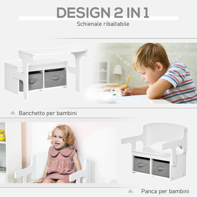 HOMCOM Panca per Bambini 2 in 1 Convertibile in Banchetto Scuola con 2 Cassetti, Età 2-5 Anni, 60x43x57cm