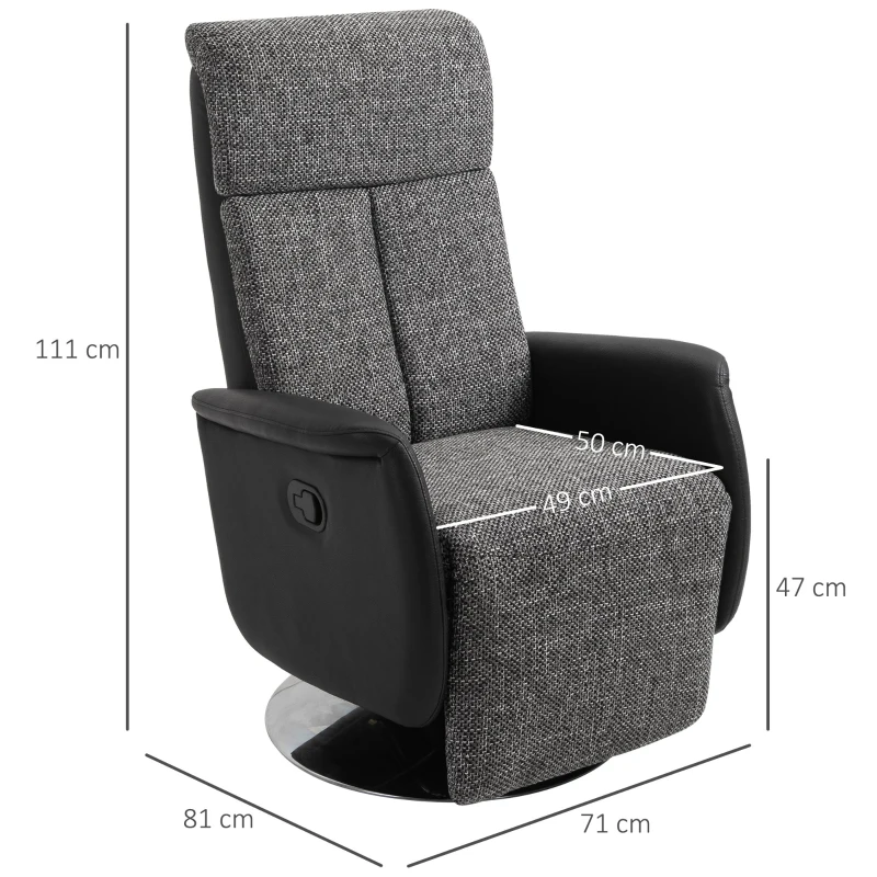 HOMCOM Poltrona Relax Manuale con Schienale Reclinabile 135°, Girevole 360°, Lino Grigio e Similpelle Nera, 71x81x111cm