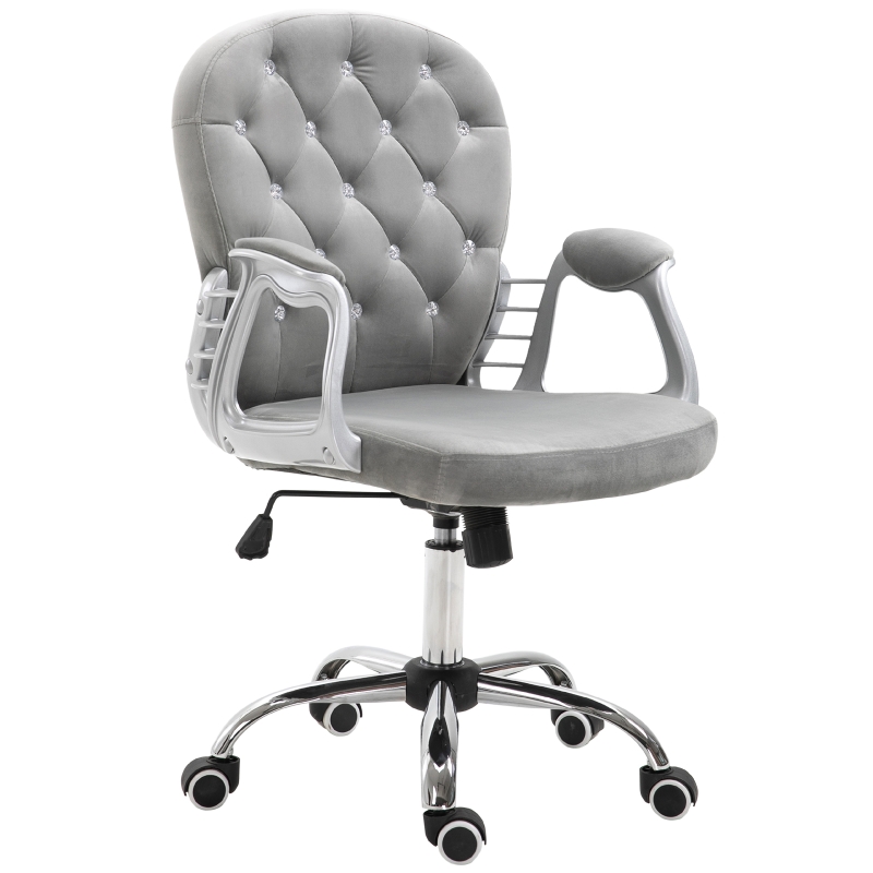 Homcom Fauteuil chaise de bureau style contemporain capitonné boutons strass hauteur réglable pivotant 360° tissu velours gris clair