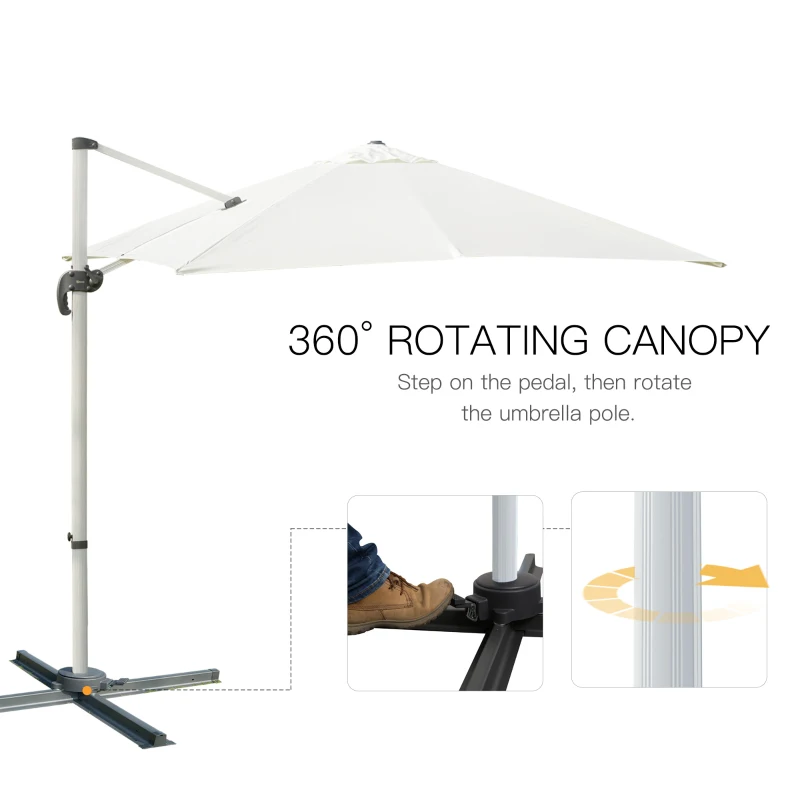 Outsunny Ombrellone a Sbalzo 3 x 3m con Rotazione 360°, in Alluminio e Poliestere anti UV, per Giardino/Esterni, 2.96×2.96×2.65m, Bianco